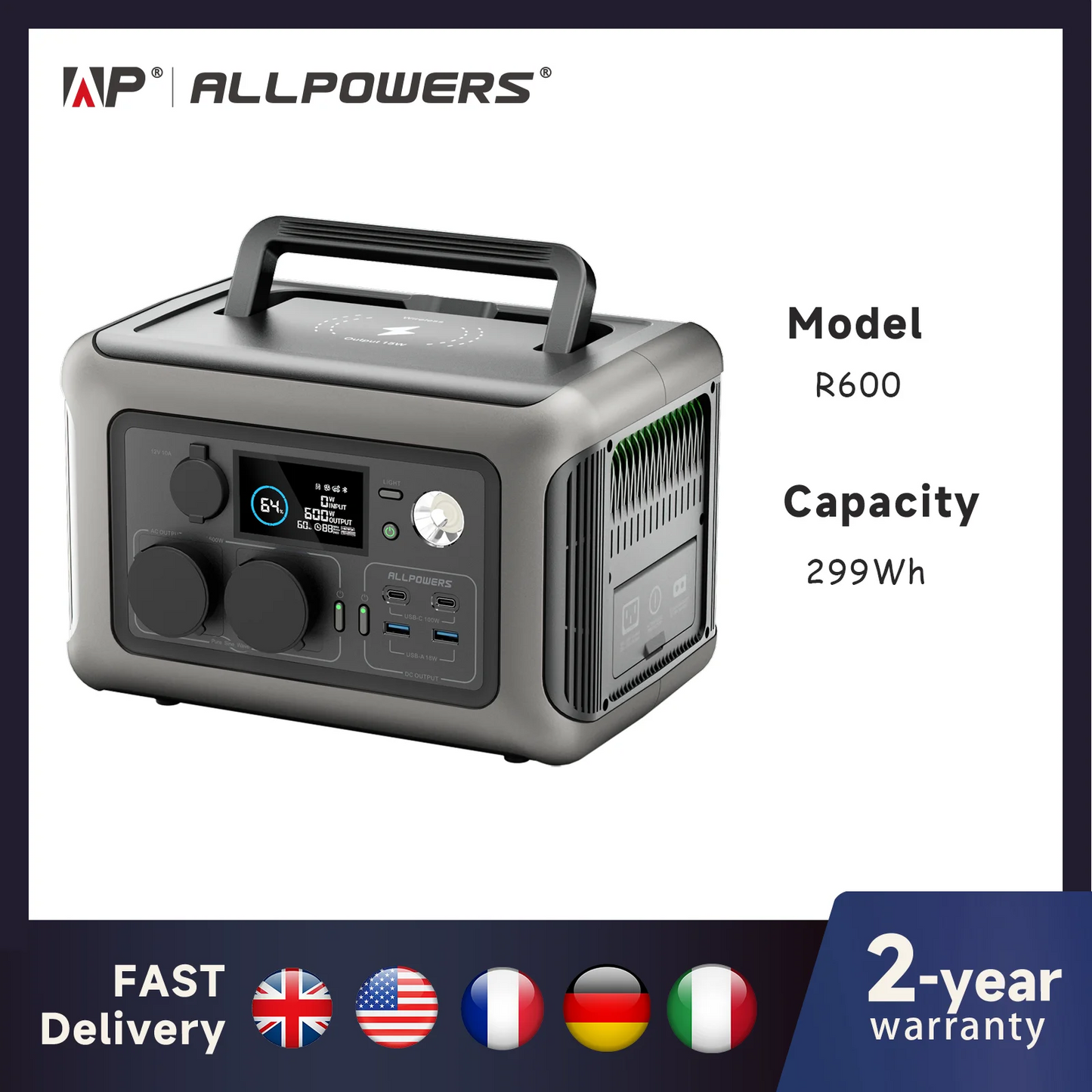 Estação de Energia Portátil ALLPOWERS R600 299Wh | 600W Saída AC, Bateria LiFePO4, Carregamento Solar